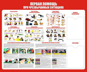 С19 Стенд первая помощь (при чрезвычайных ситуациях) (1200х1000 мм, карманы, пластик ПВХ 3 мм, алюминиевый багет золотого цвета) - Стенды - Стенды по первой медицинской помощи - Магазин охраны труда и техники безопасности stroiplakat.ru